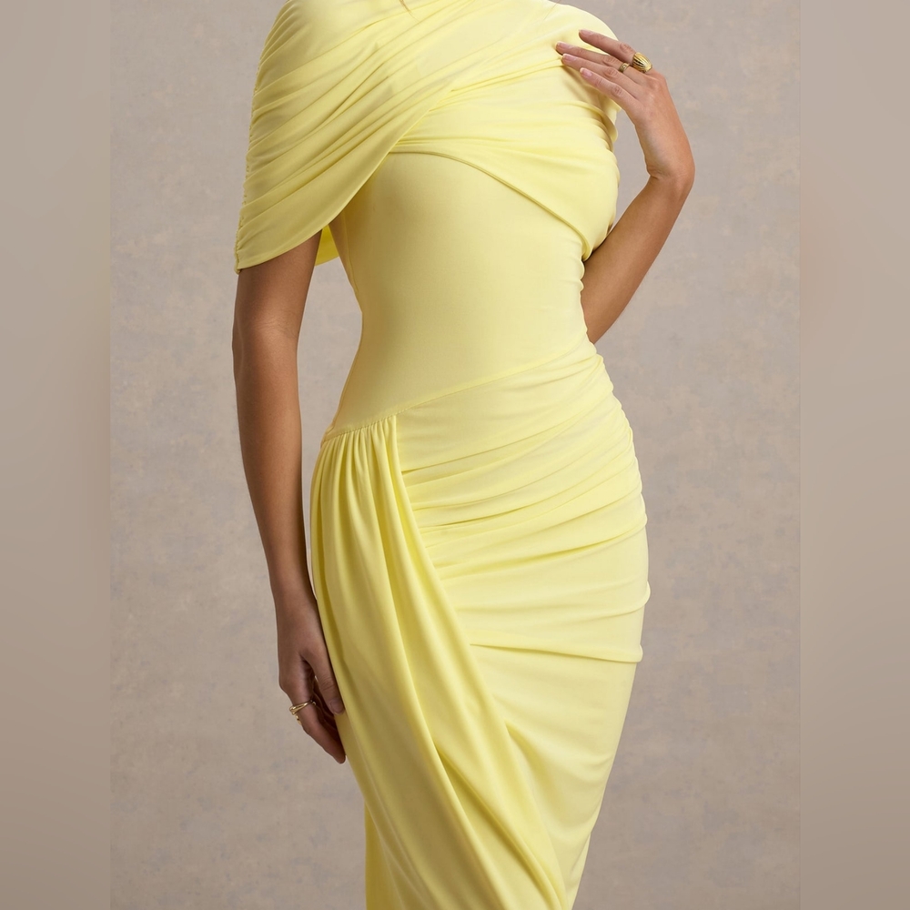 Club L London Lemon Yellow Off-Shoulder Ruched Midi Dress